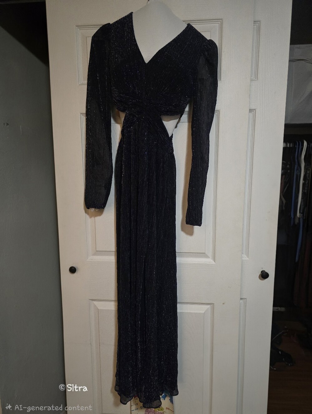 Aqua Black Metallic Long-Sleeve Maxi Dress